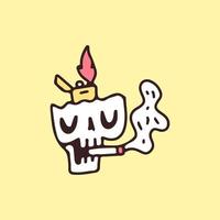 tête de squelette cassée avec briquet à gaz et cigarette fumante, illustration pour t-shirt, autocollant ou marchandise vestimentaire. avec un style de dessin animé rétro. vecteur