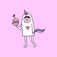 mignon garçon en costume de licorne tenant un hamburger. illustration pour t-shirt, affiche, logo, autocollant ou marchandise vestimentaire. vecteur