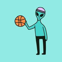 caractère extraterrestre hype avec basket-ball, illustration pour t-shirt, autocollant ou marchandise vestimentaire. avec un style de dessin animé rétro. vecteur