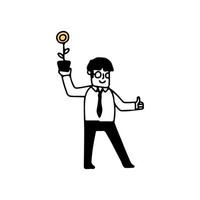 illustration d'un homme d'affaires mignon tenant une plante d'argent, illustration vectorielle dessinée à la main style doodle vecteur