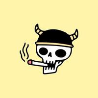 squelette portant un casque viking et une cigarette fumante, illustration pour t-shirt, autocollant ou marchandise vestimentaire. avec un style de dessin animé rétro. vecteur