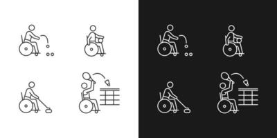 icônes linéaires de sport en fauteuil roulant définies pour le mode sombre et clair. compétitions sportives adaptées. sportif en situation de handicap. symboles de lignes fines personnalisables. illustrations vectorielles isolées. trait modifiable vecteur