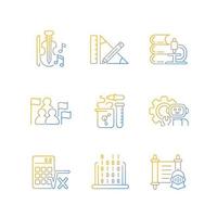différents types d'icônes vectorielles linéaires dégradées de matières scolaires. étude scientifique. cours de musique à l'école. ensemble de symboles de contour de ligne mince. collection d'illustrations de contour isolé vecteur