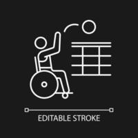 icône linéaire blanche de volley-ball en fauteuil roulant pour thème sombre. compétition sportive professionnelle. illustration personnalisable en ligne mince. symbole de contour vectoriel isolé pour le mode nuit. trait modifiable