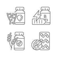 ensemble d'icônes linéaires de compléments alimentaires. mauvaise tension artérielle. vitamines b pour la fatigue. ingrédients naturels. symboles de contour de ligne fine personnalisables. illustrations vectorielles isolées. trait modifiable vecteur