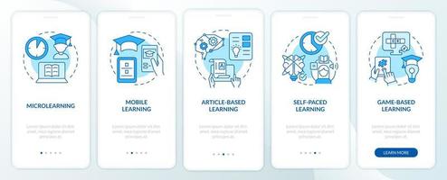 méthodes d'apprentissage en ligne écran bleu de l'application mobile d'intégration. procédure pas à pas de l'éducation numérique pages d'instructions graphiques en 5 étapes avec des concepts linéaires. ui, ux, modèle d'interface graphique. une myriade de polices pro-gras régulières utilisées vecteur