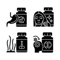 suppléments alimentaires icônes de glyphe noir définies sur l'espace blanc. produits de traitement des cheveux et des ongles. médecine pour un meilleur travail mental. suppléments d'iode. symboles de silhouettes. illustration vectorielle isolée vecteur