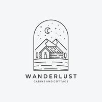 emblème minimaliste cabine logo chalet montagne la nuit vecteur ligne art design illustration