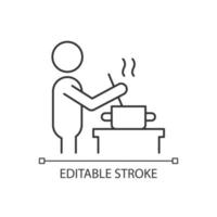 cuire l'icône linéaire. personne remuant la soupe dans la casserole. nourriture faite maison. préparation du dîner à la maison. illustration personnalisable en ligne mince. symbole de contour. dessin de contour isolé de vecteur. trait modifiable vecteur