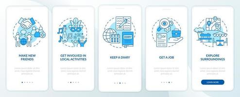 s'adapter à la vie à l'étranger sur l'écran de la page de l'application mobile d'intégration bleue. migrer à l'étranger procédure pas à pas en 5 étapes instructions graphiques avec concepts. modèle vectoriel ui, ux, gui avec illustrations couleur linéaires