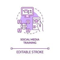 icône de concept violet de formation aux médias sociaux. illustration de fine ligne d'idée abstraite en ligne d'apprentissage en entreprise. dessin de contour isolé. trait modifiable. roboto-medium, une myriade de polices pro-gras utilisées vecteur