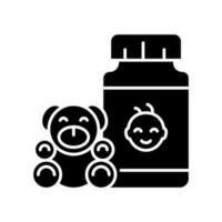 la croissance des enfants complète l'icône de glyphe noir. médicaments complémentaires pour le développement de l'enfant. vitamines pour une alimentation saine. régime équilibré. symbole de la silhouette sur l'espace blanc. illustration vectorielle isolée vecteur