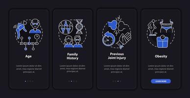 facteurs de risque d'arthrite à bord de l'écran de la page de l'application mobile sombre. instructions graphiques en 4 étapes avec concepts. modèle vectoriel ui, ux, gui avec illustrations linéaires en mode nuit