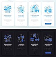 écran de la page de l'application mobile d'intégration des types de vaccination. Procédure pas à pas obligatoire pour le vaccin Instructions graphiques en 4 étapes avec concepts. modèle vectoriel ui, ux, gui avec illustrations linéaires en mode nuit et jour