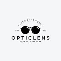 conception d'illustration vintage de logo de lentille optique, logo de lunettes, image vectorielle de lunettes, voyons le monde, voir clair, illustration de lunettes vecteur