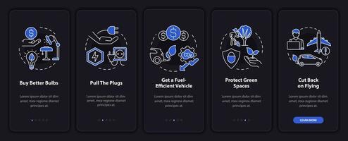 écran d'application mobile d'intégration en mode nuit de prévention de la pollution de l'air. pas à pas en 5 étapes pages d'instructions graphiques avec des concepts linéaires. ui, ux, modèle d'interface graphique. myriade de polices pro-gras régulières utilisées vecteur