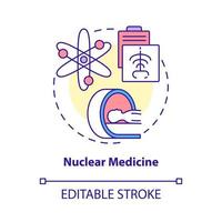 icône de concept de médecine nucléaire. illustration de la ligne mince de l'idée abstraite de l'utilisation de l'énergie nucléaire. l'utilisation de matières radioactives pour le diagnostic des maladies. dessin de couleur de contour isolé de vecteur. trait modifiable vecteur