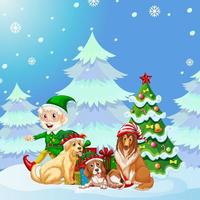 conception d'affiche de noël avec elfe et chiens vecteur