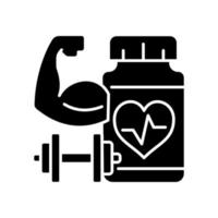 suppléments cardiovasculaires pour les athlètes icône de glyphe noir. suppléments cardio pour stimuler l'endurance et l'endurance. suppléments d'entraînement. symbole de silhouette sur un espace blanc. illustration vectorielle isolée vecteur