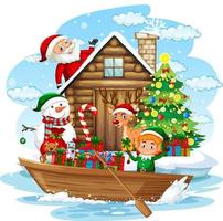 père noël et elfe livrant des cadeaux en bateau vecteur
