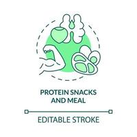 collations protéinées et icône de concept vert de repas. aliments sains pour l'illustration de la ligne mince de l'idée abstraite de remise en forme. dessin de contour isolé. trait modifiable. roboto-medium, myriade de polices pro-gras utilisées vecteur