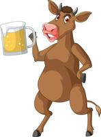 vache brune tenant un personnage de dessin animé de verre à bière vecteur