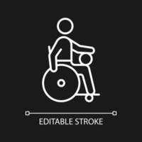 icône linéaire blanche de rugby en fauteuil roulant pour thème sombre. sport adapté de compétition. sportifs handicapés. illustration personnalisable en ligne mince. symbole de contour vectoriel isolé pour le mode nuit. trait modifiable