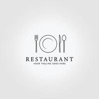 concept de cuisine minimaliste logo illustration vectorielle d'art en ligne, scénographie d'un couteau à cuillère à assiette à fourchette vecteur