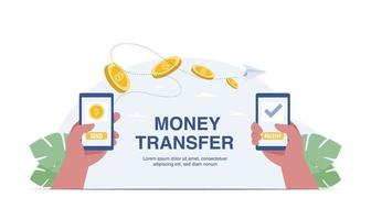 transfert d'argent mobile avec la main tenant le téléphone portable. illustration vectorielle vecteur