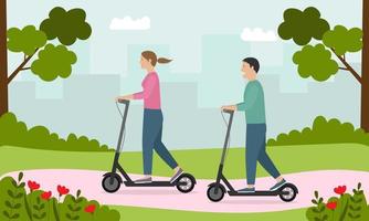 homme et femme faisant du scooter dans le parc. le concept d'un mode de vie actif, activités de plein air vecteur