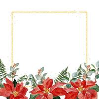 cadre de guirlande de bouquet de fleurs de poinsettia de noël aquarelle avec des paillettes d'or vecteur