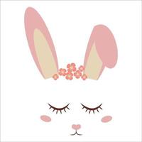 visage de lapin mignon et doux avec des oreilles, décoration en style cartoon isolé sur fond blanc. impression de mode, lapin de caractère adorable. salutations de Pâques. illustration vectorielle vecteur