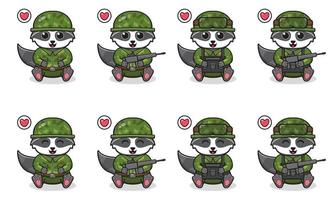 illustration vectorielle de dessin animé mignon raton laveur assis avec costume de soldat. vecteur