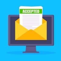 lettre d'acceptation d'un collège ou d'une université sur écran d'ordinateur, e-mail de document d'enveloppe ouverte. vecteur