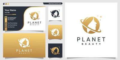 logo de beauté avec concept de planète dorée et modèle de conception de carte de visite vecteur premium