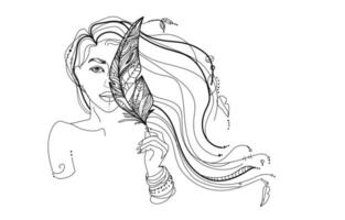 visage de femme avec dessin de contour de plume stylisée. femme aux cheveux longs et plumes, style ethno. illustration de ligne vectorielle.grande conception pour l'impression.dessin d'art noir et blanc vecteur