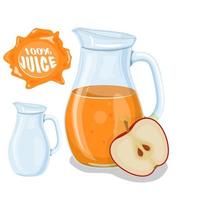 pichet en verre avec jus naturel. pomme mûre. cadre de jus. illustration vectorielle. vecteur