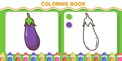 livre de coloriage de doodle de dessin animé dessiné à la main d'aubergines colorées et noires et blanches pour les enfants vecteur