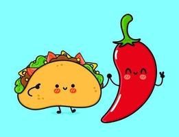 mignon, drôle taco heureux et piment. personnages de kawaii de dessin animé dessinés à la main de vecteur, icône d'illustration. drôle de dessin animé taco et piment mascotte concept de personnage vecteur