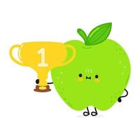 jolie pomme verte drôle tenant le personnage de la coupe du trophée d'or. icône d'illustration de personnage de dessin animé kawaii dessiné à la main de vecteur. isolé sur fond blanc. pomme verte avec la coupe du trophée gagnant vecteur