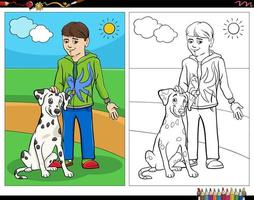 garçon de dessin animé et sa page de livre de coloriage de chien vecteur