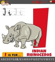 lettre i de l'alphabet avec personnage de dessin animé rhinocéros indien vecteur