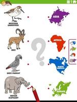 faire correspondre les espèces animales et les continents tâche éducative vecteur