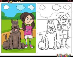 fille de dessin animé et sa page de livre de coloriage de chien vecteur