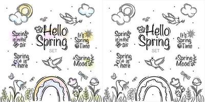 printemps serti d'objets textuels, de fleurs, d'herbes, d'oiseaux, de soleil, de nuages, d'arc-en-ciel, d'insectes et de bogues vecteur