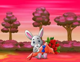 mignon petit lapin tenant un bouquet le jour de la saint valentin vecteur