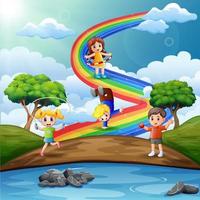 dessin animé enfants jouant au dessus de l'arc en ciel vecteur