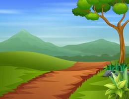 un sentier traversant un champ vert avec des arbres et des collines vecteur