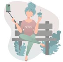 jeune fille à la mode assise sur une branche dans un parc et faisant du contenu photo ou vidéo pour son blog ou sa chaîne vlog. illustration plate de vecteur. vecteur