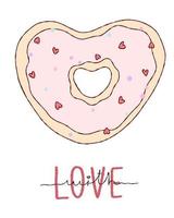 beignet de coeur rose mignon de vecteur dans le texte de glaçure avec amour. Doodle sur un fond isolé. impression, bannière alimentaire, brochure.
